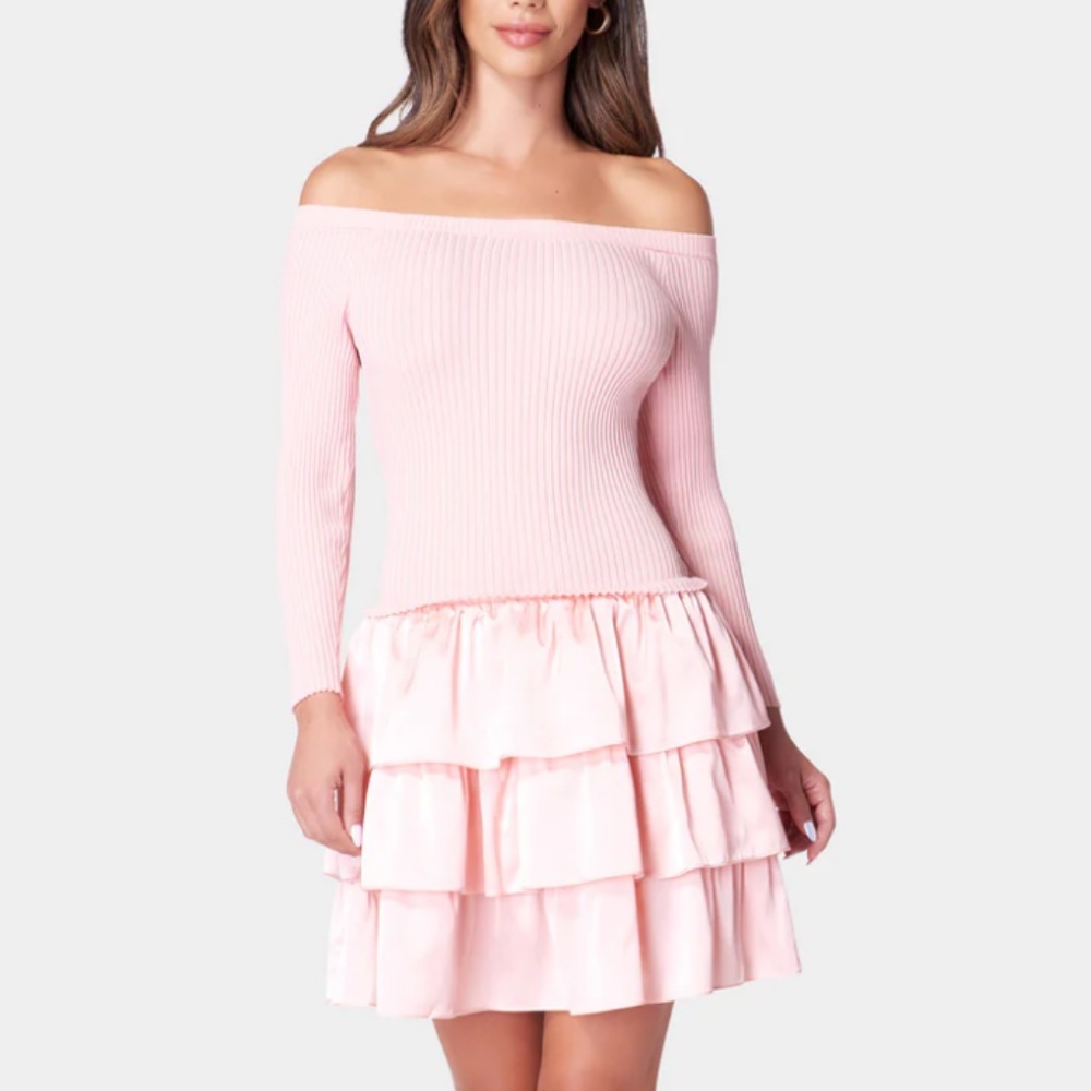 Bebe Off The Shoulder Ribbed Top Tiered Skirt Rose Dress Size L